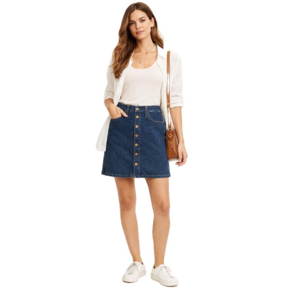 Madewell, Denim Button Front Mini Skirt Dark Wash A-Line, Size 29 (8)